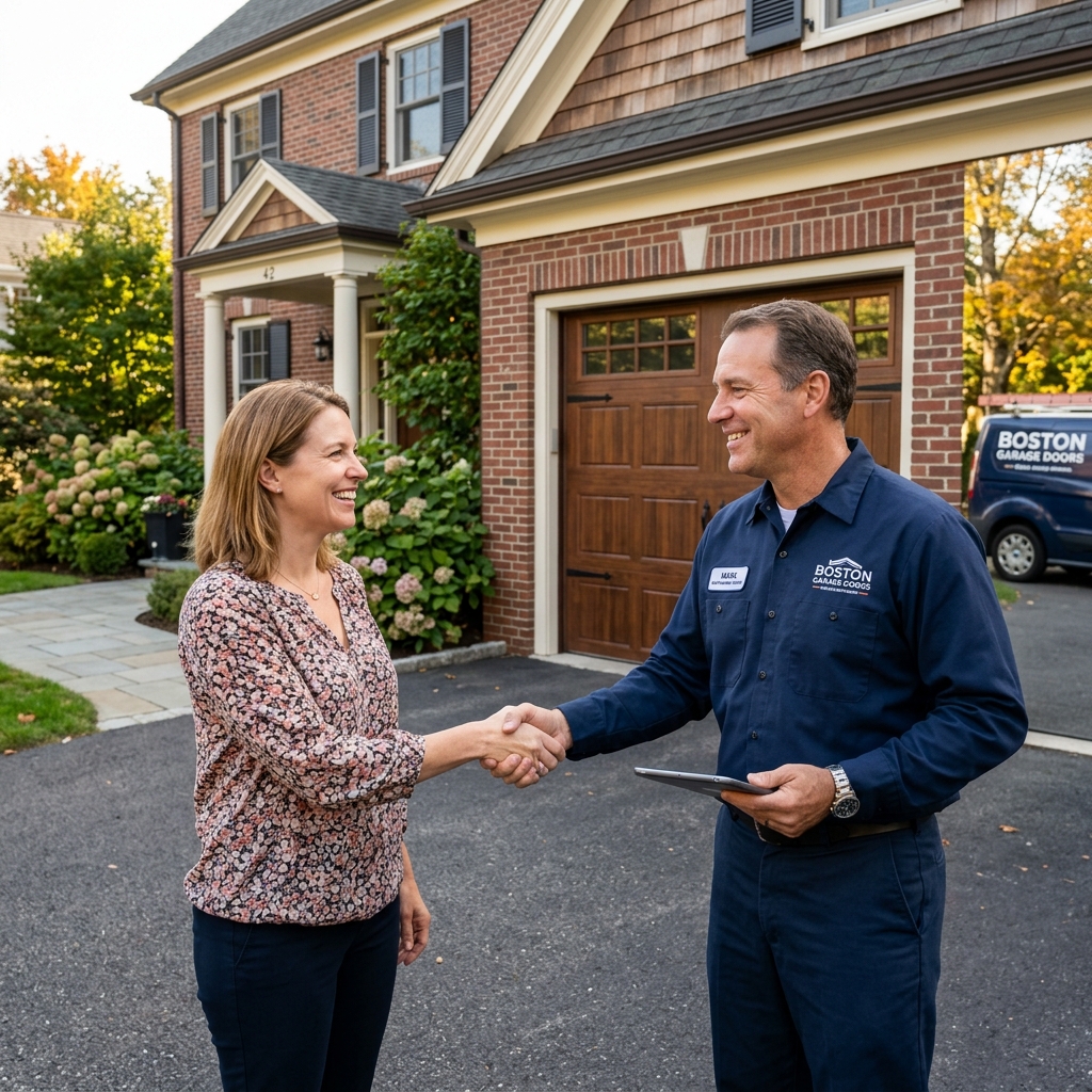 Friendly and professional MA Garage Doors technician greeting customer in Revere, MA